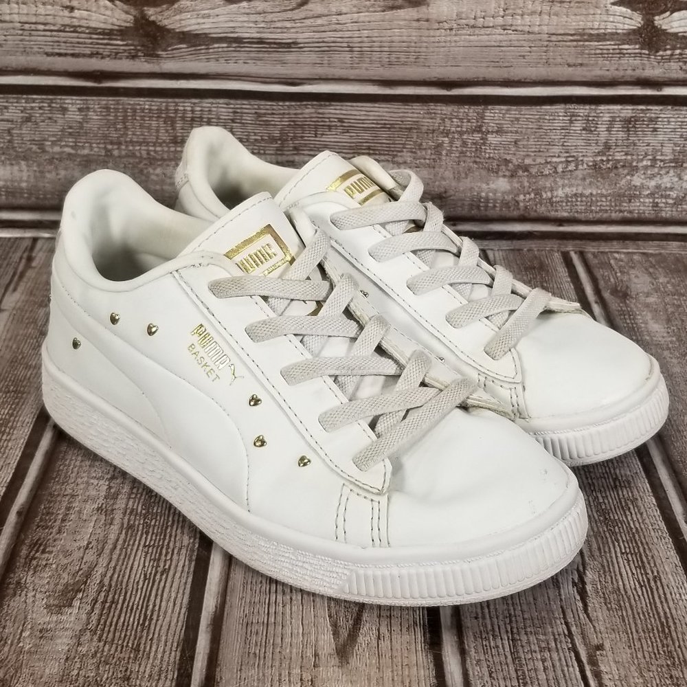 PUMA Basket Classics Youth Girl's 12.5 C White Leather Athletic Shoes Sneakers